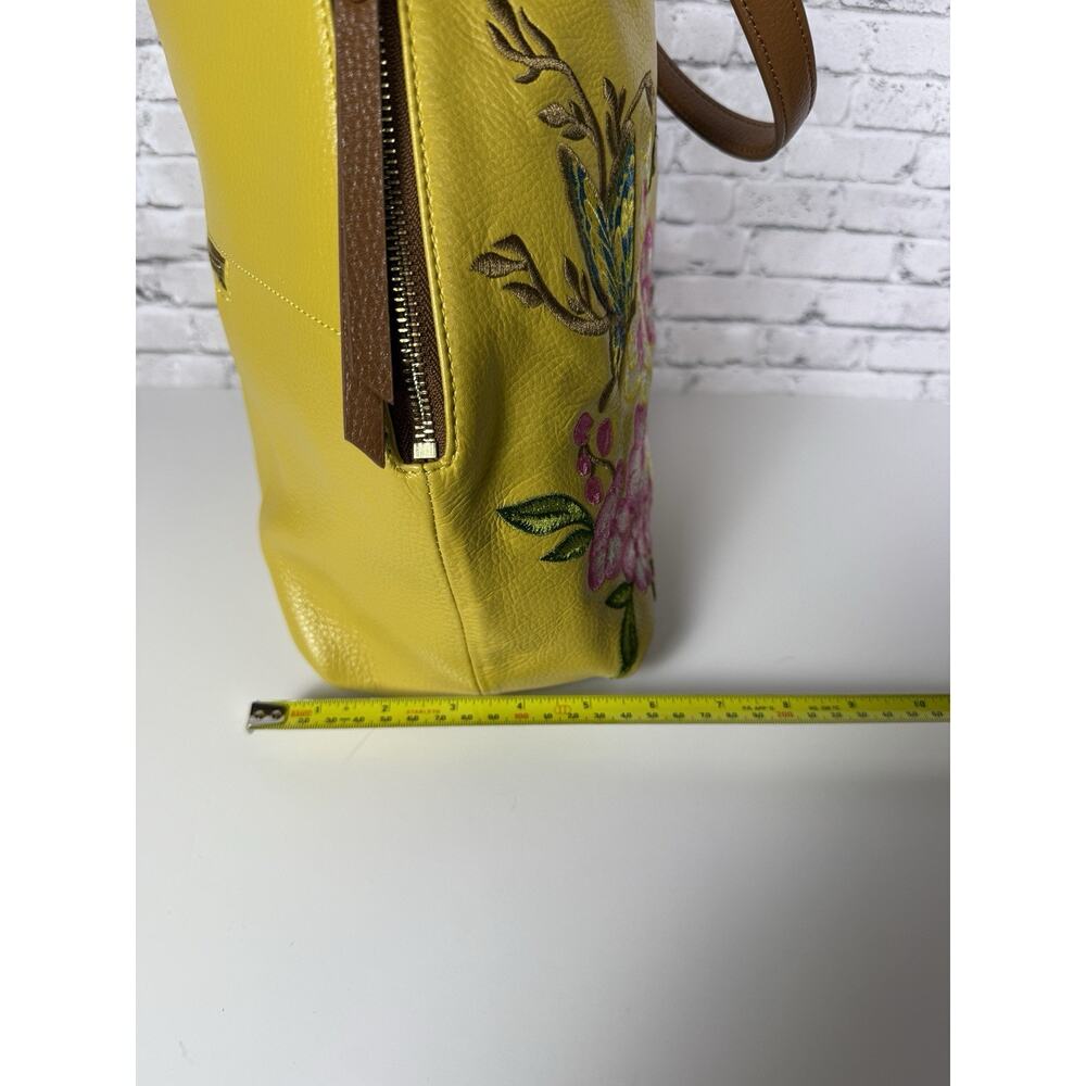 Sharif Yellow Brown Leather Hobo Handbag Embroidery Butterflies Flowers - Picture 7 of 12